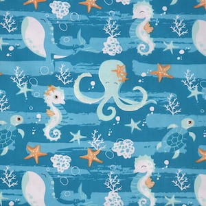 Sea animals fabric, sea horses fabric, whale, octopus, cotton fabric, ocean fabric, sea creature fabric, sea life, fabric by the Yard
