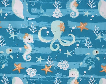 Sea animals fabric, sea horses fabric, whale, octopus, cotton fabric, ocean fabric, sea creature fabric, sea life, fabric by the Yard