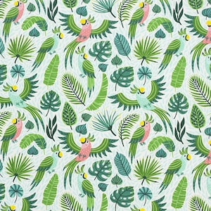 Tela de hojas de palma, tela cortada a medida, tela de loro, tela de pájaros tropicales, tela para niños, tela de hoja de palma, tela, tela para bebés, guardería, cacatúa
