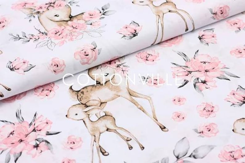 Deer fabric,flowers fabric,roe forest fabric,nursery fabric,girls fabric,fabric by the yard,cotton fabric,forest fabric,floral fabric image 1