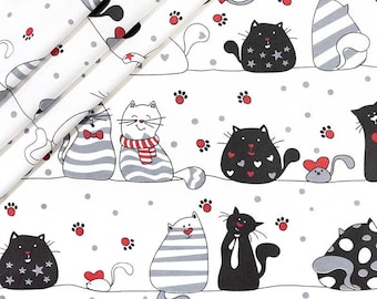 Tissu chat par mètre, tissu en coton, impression de chat, tissu pour bébé, tissu miaou, tissu, tissu de courtepointe, tissu de chambre de bébé, lit de bébé, tissu bio, coeur