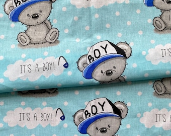 Björnar bomullstyg, Det är en POJKE, Tyg på metervara, Babypojke, Barnrum, täcke, filt, könsfest, babyshower, nyfödd