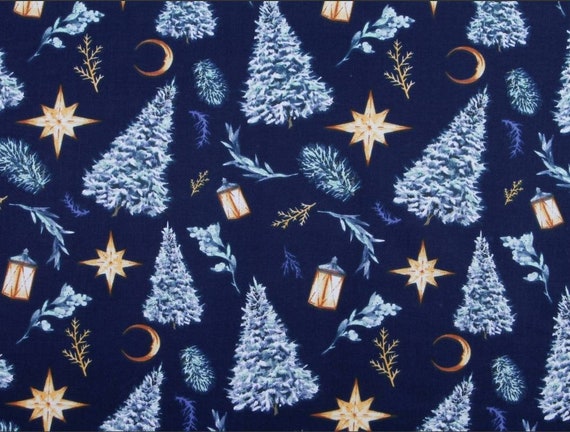 Christmas Cotton Fabric by the Yard, Moon Stars Christmas Tree