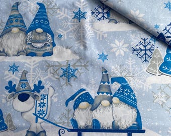 Tela de algodón navideña, tela de gnomos, felices fiestas, material navideño, tela de gnomos