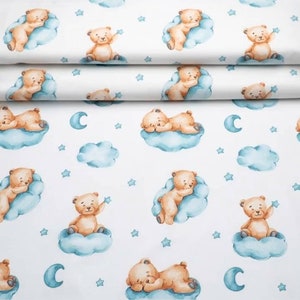 Bears Cotton Fabric By The yard, Extra Wide 94" 240cm, Bears on clouds, baby fabric, sweet dreams, watercolor fabric, baby blankets, Bears