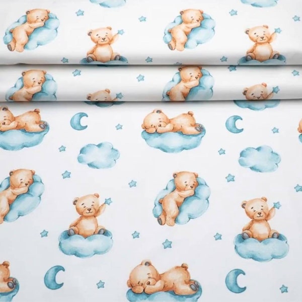 Bears Cotton Fabric par yard, Extra Wide 94" 240cm, Bears on clouds, baby fabric, sweet dreams, aquarelle fabric, baby blankets, Bears