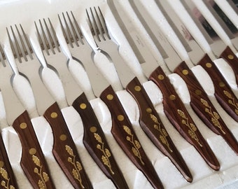 Retro Steak Forks and Knives, Gold Leaf Stainless Steel & Rosewood Vintage Cutlery Set in Box, Excellent condition, never used, Great Gift