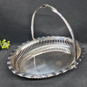 Silver Basket, S & B EPNS Bridal, Cake, Fruit Basket or Bowl, Frilled Edge Foldable Handle, Vintage Pierced Basket, Home Decor, Great Gift