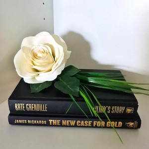 Puede incluir: Una rosa color crema con hojas verdes y hierba descansa sobre dos libros negros. Los títulos de los libros están en letras doradas. Los libros están apilados en una estantería blanca.