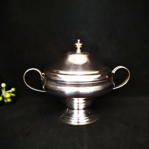 Op de afbeelding: Een zilverkleurige serveerschaal met een deksel en twee handvatten. De schaal heeft een voetstuk en een goudkleurige knop op de deksel. De achtergrond is zwart.