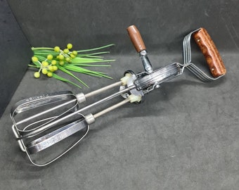 Prestige Whisk, Retro Vintage Timber & Stainless Steel Hand Egg Beater Cooking Accessory, Made in England, 2 available, Exc.cond. Great gift