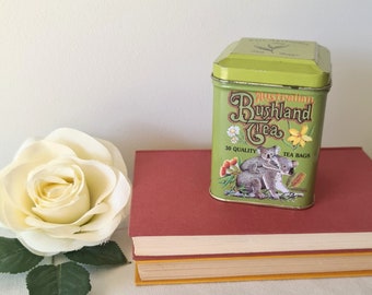 Australian Bushland Tea Bags Tin, Vintage Rare Small Storage Metal Tin, Koala, Kangaroo, Kookaburra, Rosella, Excellent condition Great Gift