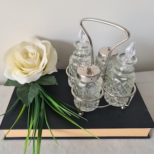 Cruet Set, Vintage Silver Stand with Handle and Cut Glass Salt, Pepper Shakers, Oil, Vinegar Bottles, Chrome Kitchen Home Decor, Great gift