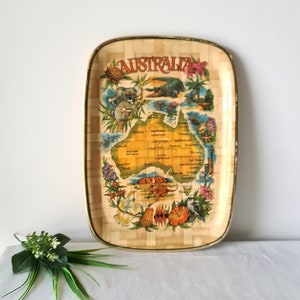 Plateau Australie, plateau de service vintage en bambou rétro, kangourou, koala, carte de l'Australie, bordure dorée, sandwich, plateau du désert, décoration d'intérieur, excellent cadeau