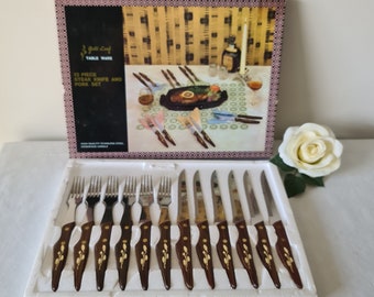 Retro Steak Forks and Knives, Gold Leaf Stainless Steel & Rosewood Vintage Cutlery Set in Box, Excellent condition, never used, Great Gift