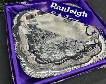 Silver Tray, Ranleigh Vintage Silver Plated Small Serving Etched Tray, Sandwich, Desert Tray, Home Decor, Excellent condition, Great Gift
