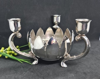 Silver Lotus Candle Holder, Vintage Candle Stick Holder with Flower Bowl, Silver Plated, Made in Hong Kong, Excellent condition, Great Gift