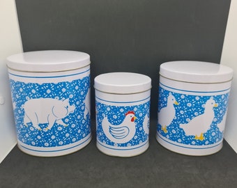 Tin, Animals Farmhouse Vintage Metal Tins, Set of 3, Rooster, Duck, Pig Canisters, Coffee, Tea, Lolly Tins, Excellent condition, Great gift