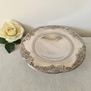 Op de afbeelding: Een zilverkleurige schaal met een decoratieve druiven- en bladrand. De schaal heeft een cirkelvormig midden met een reeks verticale lijnen. Een witte roos staat op de achtergrond.