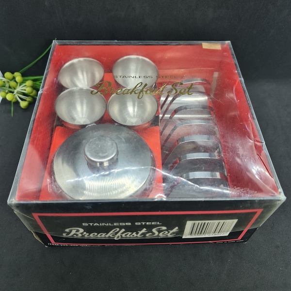 Frühstücksset, 4 Eierbecher, Toastregal und Marmeladenteller-Set, Vintage-Edelstahl-Set in Originalverpackung, unbenutzt, Made in Hong Kong, tolles Geschenk