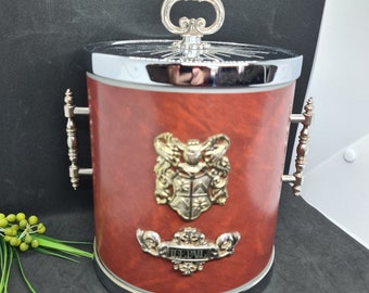 Seau à glaçons marron argent, bouclier doré, grand modèle vintage en chrome, cuir et plastique