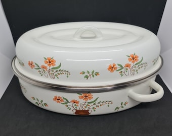 Countryside Collection Covered Roaster, Retro Porcelain on Steel Gourmet Cookware, Large lidded pot, Excellent condition, Great gift