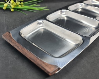 Scanli Tray, Stainless Steel 18-8 Denmark Vintage Serving Tray with Wood Handles, 4 Part Mid Century Tray, Excellent condition, Great Gift