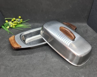 Butter Dish, Mid Century Vintage Stainless Steel & Wood Serving Dish, Made in Denmark, Excellent condition, Great gift