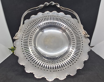 Silver Bowl, Rare Vintage Silver Plated Pedestal Bowl with Handle, Silver Basket, Pierced design