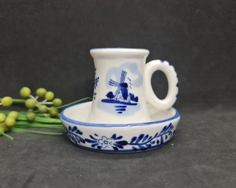 Candlestick Holder, White Blue Ceramic Vintage Portable Candle Holder, Hand painted windmill, floral design, Chamberstick Holland Great Gift