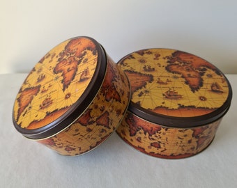 World Map Tin, Metal Tins Set of 2, Decorative World Map Canisters, Storage Coffee, Tea, Lolly Tins, Excellent condition, Great gift