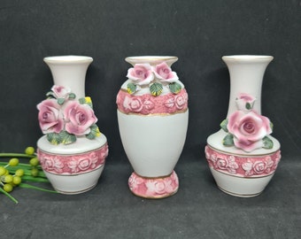 Pottery Vase, Roses Design Vases, Hand Painted Set of 3 Small Vases, Bookshelf, Home Decor, Never been used, in original box, Great Gift