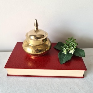 May include: A small, gold-coloured metal jar with a lid, resting on a red book. The jar has etched designs around its base and a pointed finial on the lid. A sprig of green leaves and white flowers sits beside the jar.