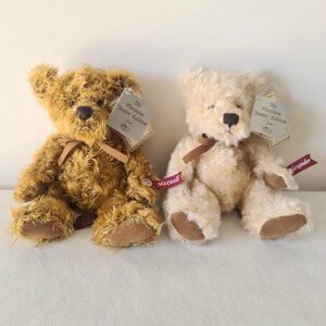 Op de afbeelding: Twee pluche teddyberen, één goudbruin en één crèmekleurig, zitten naast elkaar. Elke beer heeft een lint om de nek en een label met de tekst "The Platinum Junior Edition". De bruine beer heeft een "Maxwell"-label en de crème beer een "Alexander"-label.