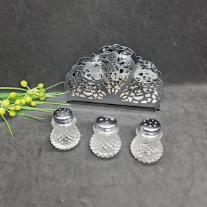 Porta tovaglioli in argento e mini saliera e pepiera, set da 4 pezzi in vetro cromato e taglio diamante, stile Mid-Century, ottimo regalo