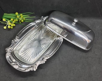 Silver Butter Dish, Mid Century Vintage Paramount Silver & Glass Serving Dish, Scroll Design, Excellent condition, Great gift