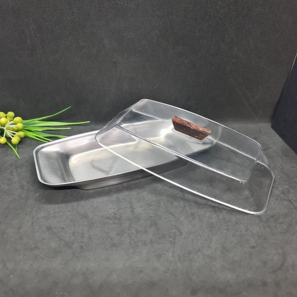 Butter Dish, Mid Century Vintage Stainless Steel & Plastic Serving Dish, Plastic lid with wood top, Excellent condition, Great gift