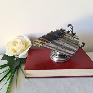 Op de afbeelding: Een zilveren suikerschep met een decoratief handvat en bloemengravures. De schep staat op een ronde basis en rust op een rood boek. Een witte roos en groen zijn op de achtergrond.