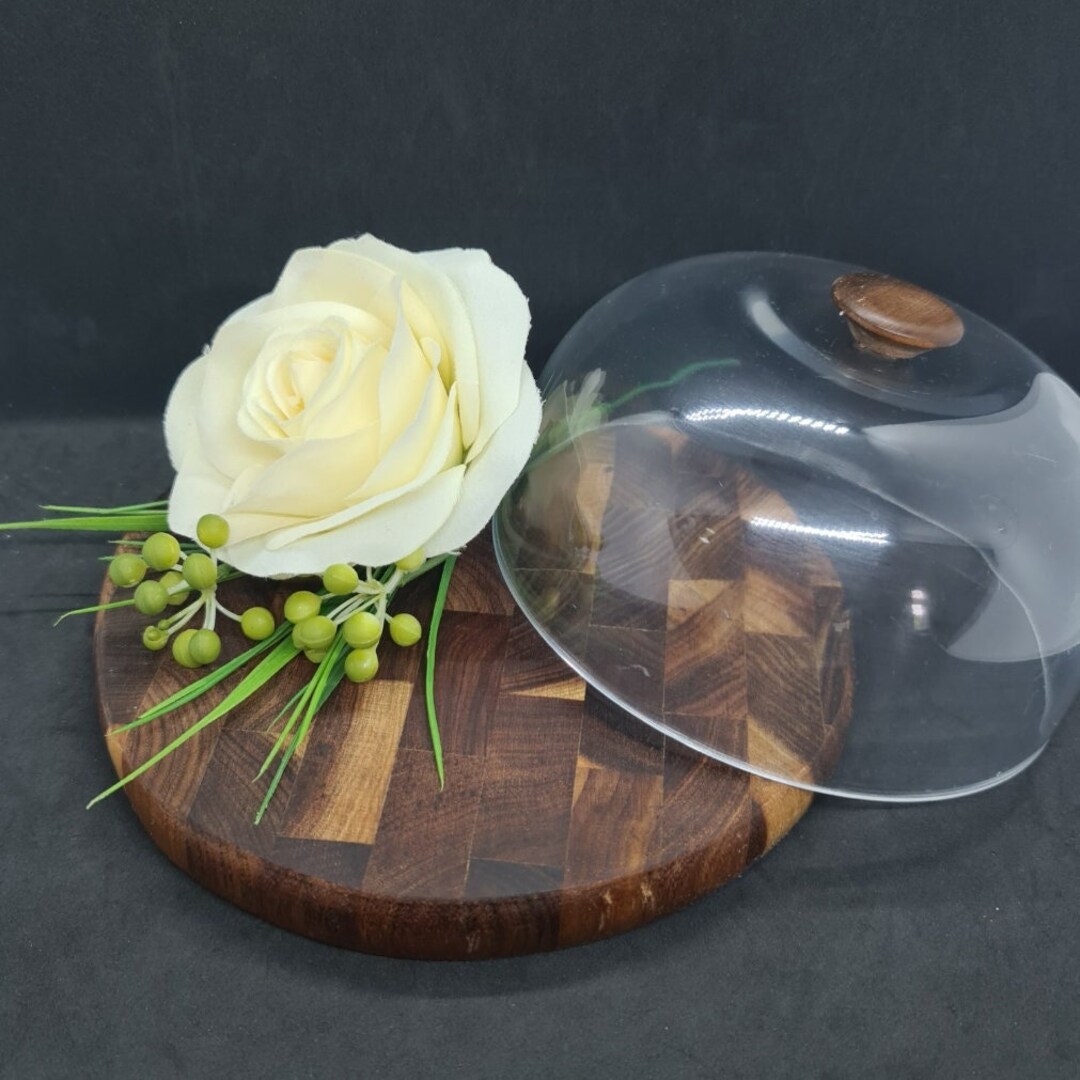 Cheese Board With Dome, Vintage Kitchen Timber Board With Plastic Dome