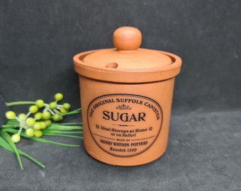 Terracotta suikerpot, kleine opslag Vintage Henry Watson aardewerk herziene Suffolk bus Engeland, uitstekende staat nooit gebruikt geweldig cadeau