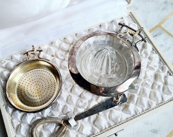 Service à agrumes vintage métal argenté & verre avec faon – presse citron ancien coffret années 40 50 – set Art déco chic