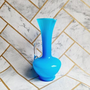Vintage Opaque Blue Glass Pitcher / Vase - Elegant Carafe 20.5cm - Retro Home Decor, Original Tableware