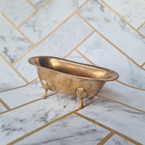 Vintage brass soap dish, clawfoot tub shape, made in India, retro bathroom decor, Victorian style