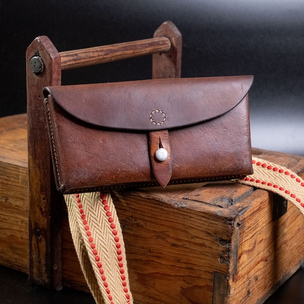 Unique clutch-bag vintage Swiss Army leather ammunition pouch restored / refurbished from 1966