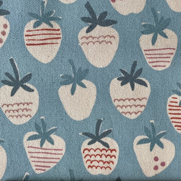 Cute Strawberry heavier Oxford Cotton fabric, "Strawberry Fields”,  Denim ground, Trefle Collection, Kokka,100% Oxford Cotton, 44",Half Yard