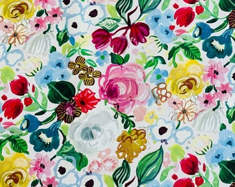 Multi Floral fabric, "Summer Garden" on White background, designed by August Wren for Dear Stella fabrics, 100% Cotton, 44/45”, half yd