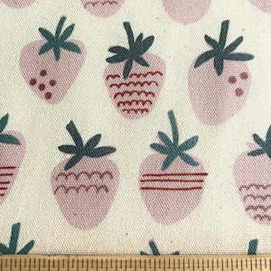 Cute Strawberry heavier Oxford Cotton fabric, "Strawberry Fields”,  on Natural, Trefle Collection, Kokka, 100% Oxford Cotton, 44", Half Yard