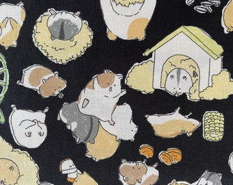 Hamsters Fabric "Hamster Play”,  Animal Life Style Collection Imported from Japan, 100% Cotton Sheeting on Black, 44”, Half Yard