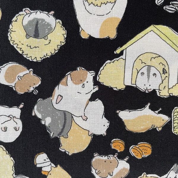 Hamsters Fabric "Hamster Play”,  Animal Life Style Collection Imported from Japan, 100% Cotton Sheeting on Black, 44”, Half Yard