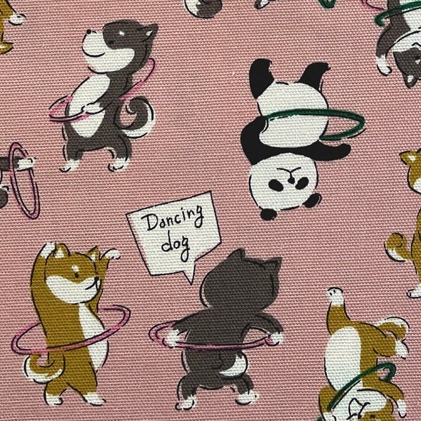 Shiba Inu Dog Fabric “Hula Hoop Fun”  in Pink from Trefle Collection by Kokka of Japan, 100% Oxford Cotton 44", Half Yard